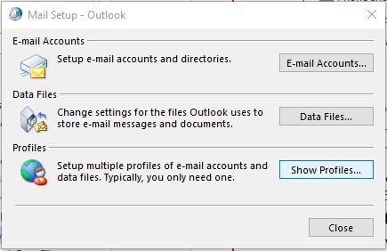 In the Mail Setup – Outlook window, click on the Show Profiles button